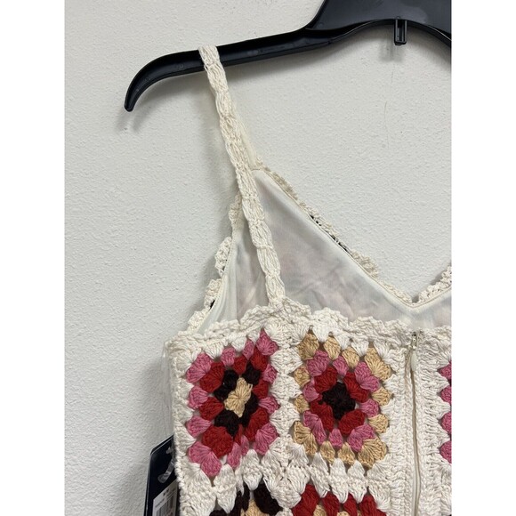 $199 Lucky Brand Granny Square Crochet Dress Knit Colorful/Cream Medium - Picture 9 of 16